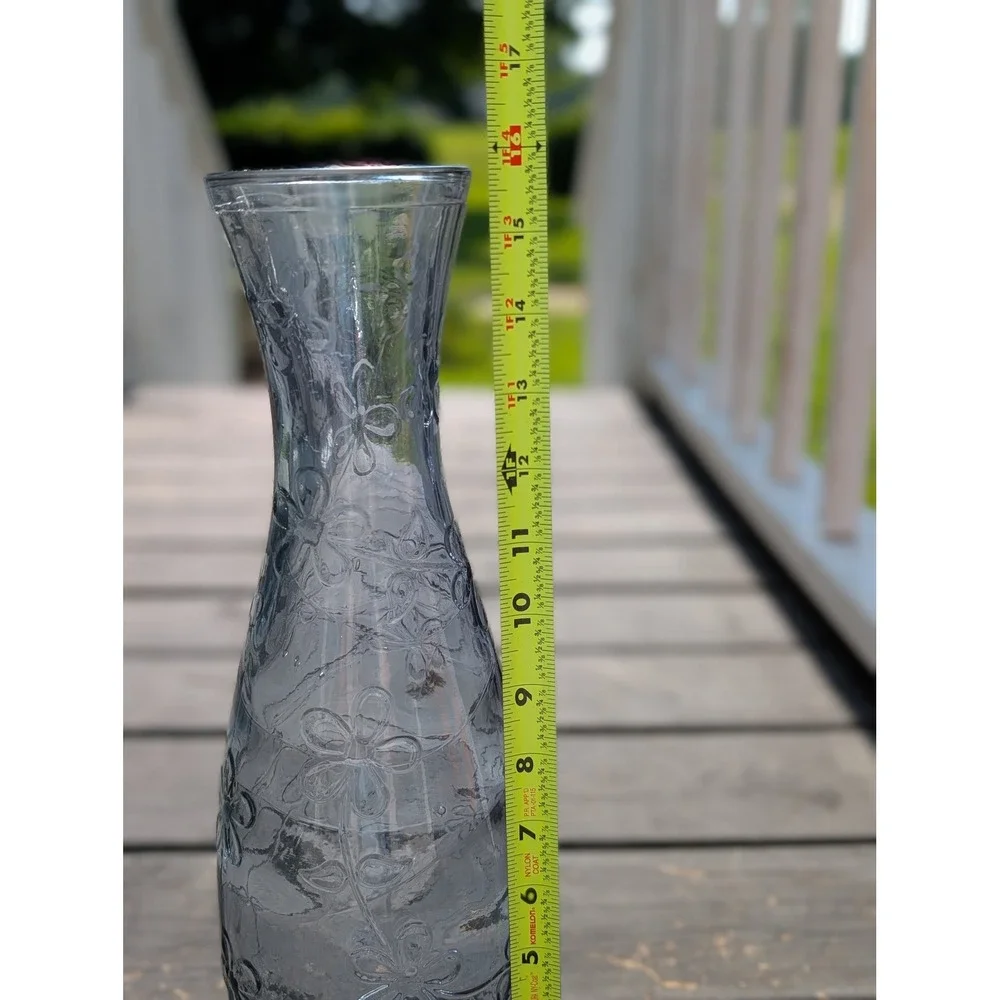 Vintage 90s Recycled Glass Tall Stem Vase Blue Green Seamed Daisy Pattern 16